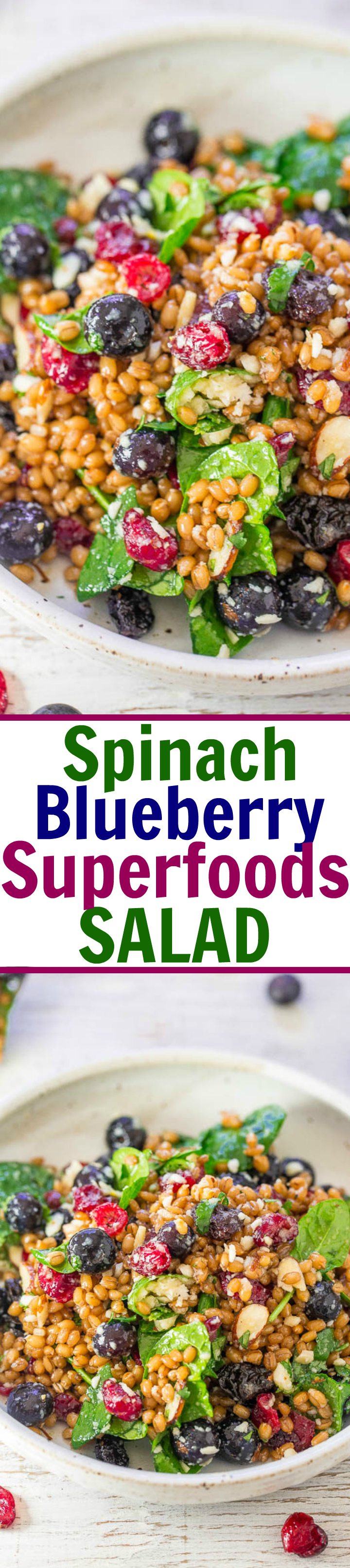 Spinat Blueberry Superfoods Salat - So viele Texturen und Aromen in diesem herzhaften Salat voller SUPERFOODS! Spinat, Heidelbeeren, getrocknete Preiselbeeren, Mandeln und vieles mehr! EINFACH, befriedigend, gesund und schmeckt fantastisch !! 