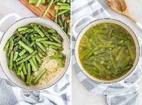 Dos imágenes que muestran espárragos y cebollas en una olla antes y después de agregar caldo de sopa. 