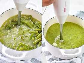 Dos imágenes que muestran los espárragos mezclados en una consistencia cremosa de sopa.