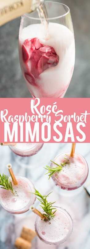 Rosé Raspberry Sorbet Mimosas es un cóctel divertido para el Día de la Madre, despedidas de soltera, brunch o simplemente para una reunión de chicas. ¡Estos cócteles femeninos son muy fáciles de hacer y todos los amarán! El | Bebidas de despedida de soltera | Bebidas del día de la madre | Cócteles de brunch | mimosa fácil | sorbete mimosa | bebida rosa