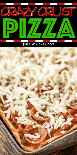 Crazy Crust Pizza - ¡nuestra nueva pizza favorita! Sin estirar la masa: la corteza está hecha de una masa líquida. Cubra la pizza con sus ingredientes favoritos. Harina, sal, condimento italiano, huevos, leche, pepperoni, salchichas, jamón, salsa de pizza y queso mozzarella. ¡AMAMOS esta pizza! Lo hemos estado haciendo una vez por semana durante el último mes. ¡Es nuestra receta favorita! #cazuela de pizza