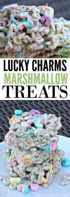 Kid Friendly Día de San Patricio - Receta Lucky Charms Marshmallow Treats - Esta es una delicia rápida y fácil con el cereal favorito Lucky Charms. 