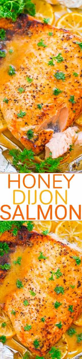 Honey Dijon Salmon - ¡FÁCIL, listo en 20 minutos, jugoso, tierno, y tan sabroso de la miel, Dijon y jugo de limón! Si estás tratando de incorporar más pescado en tu dieta, ¡esta es LA RECETA para hacer!