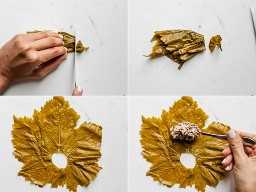 Collage de tomas de proceso que muestran cómo cortar la hoja de uva y rellenarla