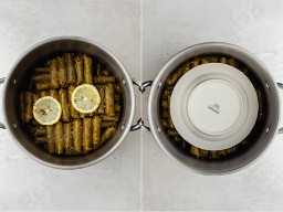 Collage de dos imágenes con hojas de uva apiladas y luego un plato pequeño en la parte superior para aplicar presión