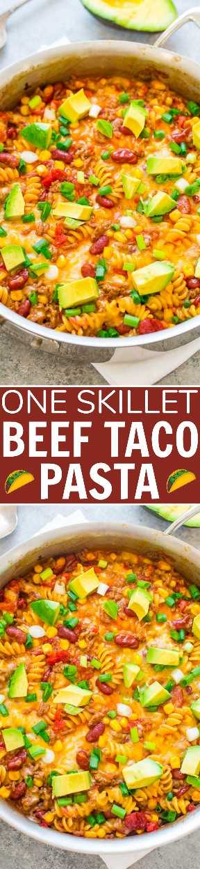 One Skillet Beef Taco Pasta: ¡una receta FÁCIL que está lista en 20 minutos, hecha en UNA sartén y cargada de sabores de inspiración mexicana! ¡Un favorito de la familia que es genial para las noches ocupadas!
