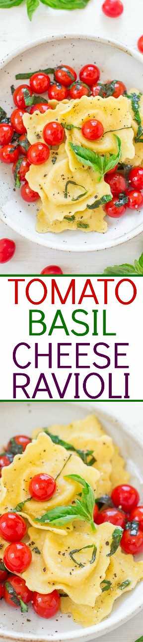 Ravioli de tomate, albahaca y queso: ¡fácil, listo en 10 minutos, y los raviolis son maravillosamente QUESOS! ¡Toda la familia AMARÁ esta comida ligera pero satisfactoria!