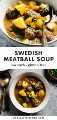Collage de Pinterest para una saludable sopa sueca de albóndigas.