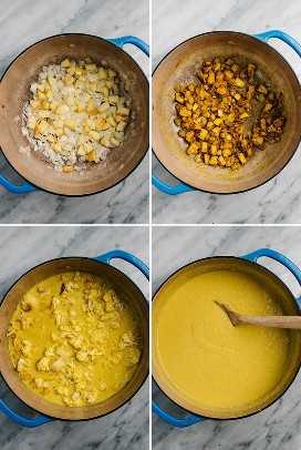 Un collage que muestra fotos paso a paso de cómo hacer sopa de coliflor al curry.