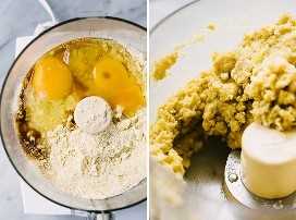 Dos imágenes que muestran cómo hacer un aderezo de tarta sin gluten con harina de maíz, harina de avena y harina de almendras.
