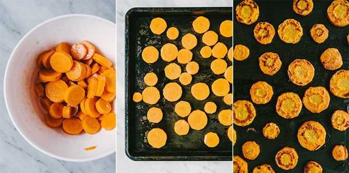 Tres imágenes que muestran cómo cortar, sazonar y asar zanahorias para sopa de manzana y zanahoria asada.