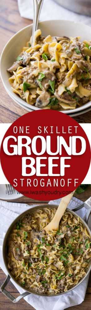¡Este Stroganoff de carne molida de One Skillet es una receta rápida para la cena entre semana que a toda mi familia le encanta!