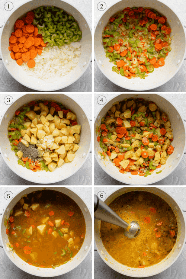 Procese tomas que muestren cómo preparar la sopa vegetariana paso a paso