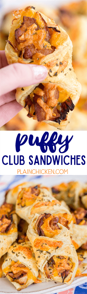 Puffy Club Sandwiches: ¡estos fueron un ENORME éxito! ¡Los llevó a una fiesta y salieron volando del plato! Se puede adelantar y congelar para más tarde. Hojaldre cubierto con miel de mostaza, jamón, pavo, rosbif, tocino y queso cheddar. Voy a duplicar la receta la próxima vez. ¡Nos encanta esta receta fácil de sándwich caliente!