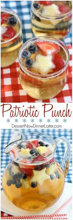 ¡Este Ponche Patriótico es una bebida gaseosa fácil de preparar con solo dos ingredientes y decorada con frutas para un golpe de fiesta rojo, blanco y azul que toda la familia puede disfrutar!