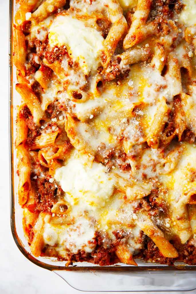 Easy Baked Ziti recipe hot from the oven.