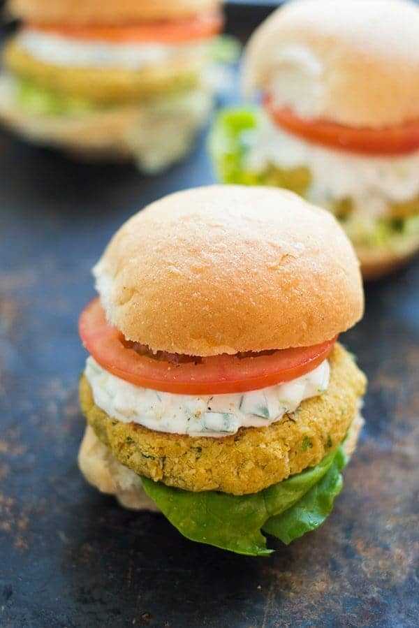 Chickpea Burgers with Tzatziki Sauce These vegetarian Middle Eastern chickpea burgers are made with fresh herbs and topped with Tzatziki, a creamy cucumber-dill yogurt sauce.