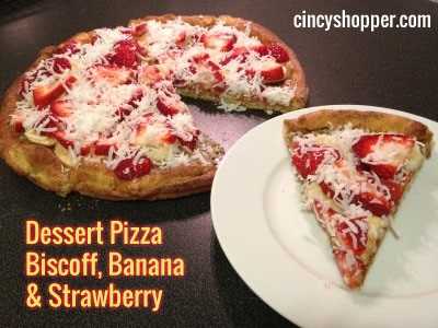 Biscoff Banana Strawberry Pizza Recipe - Cinnamon sugar on the crust, Biscoff for sauce, bananas and strawberries for toppings and Shredded Coconut as our cheese.
