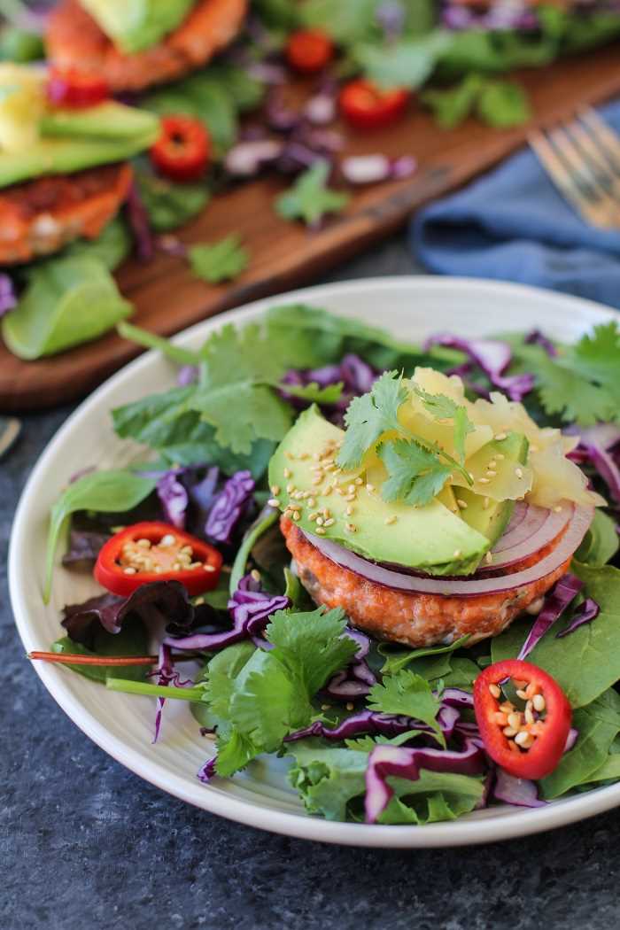 Asian Salmon Burgers with Avocado and Pickled Ginger