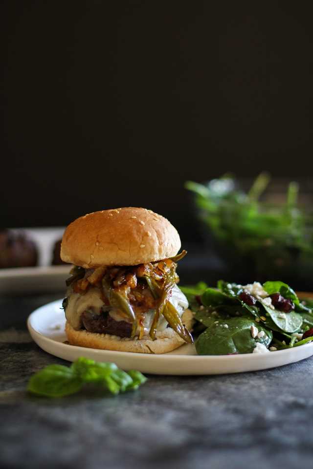 Herby Grilled Burgers with Caramelized Onions and Jalapenos