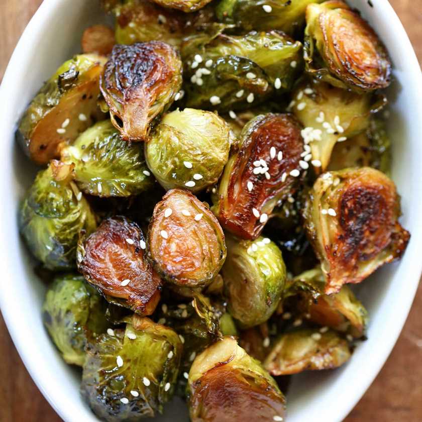 Asian Brussels Sprouts in a baking dish