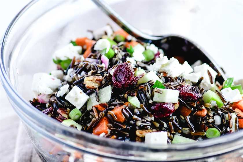 wild rice salad in a glass bowl