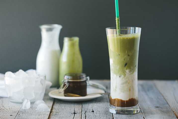 iced matcha and salted caramel latte