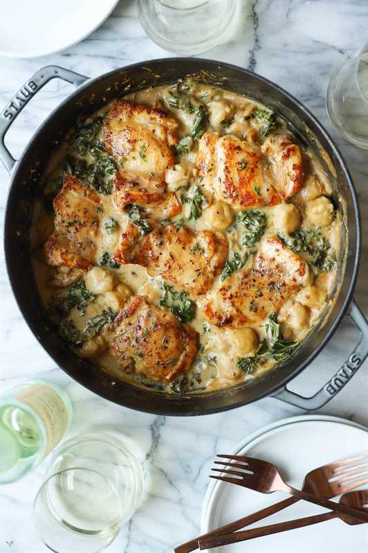 Creamy Chicken and Gnocchi - Soft-pillowy gnocchi, a garlicky cream sauce, tender, juicy chicken thighs, and sneaked-in kale? Yes, 1,000% yes.