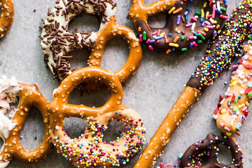 Chocolate Dipped Pretzels with sprinkles