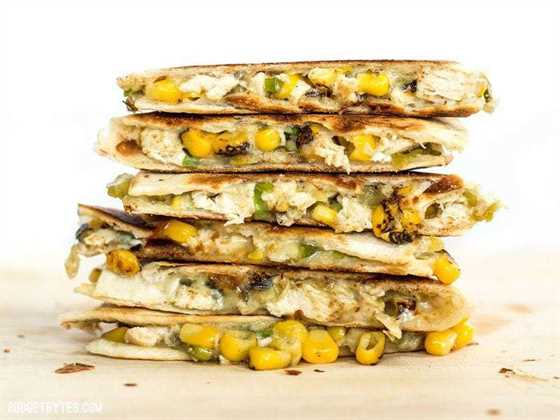 A stack of Roasted Corn Quesadillas viewed from the side