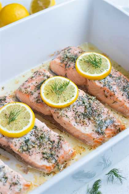 20-minute baked salmon recipe is shown in a white baking dish on the counter.