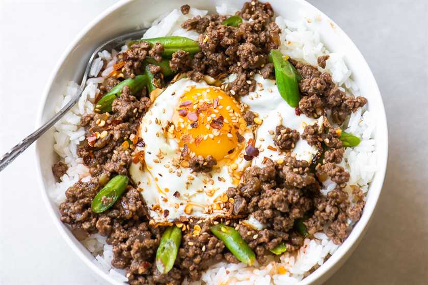 Korean beef bowl topped with an egg