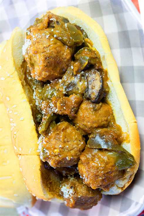 Easy Homemade Meatball Sub Sandwich Made in Instant Pot and Served on Gray Checkered Plate