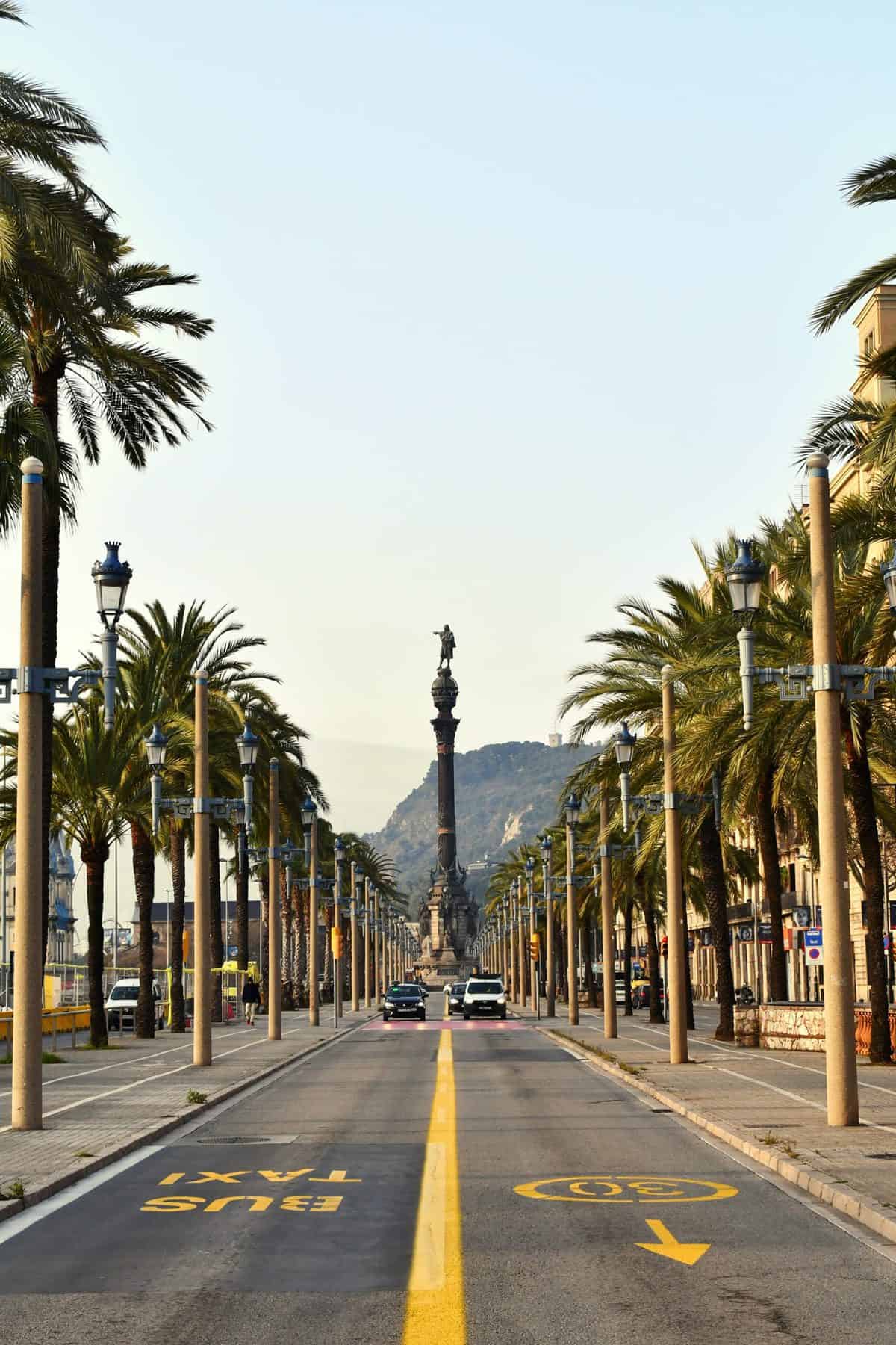 View down a two-lane street lined by palm trees to a decorative column