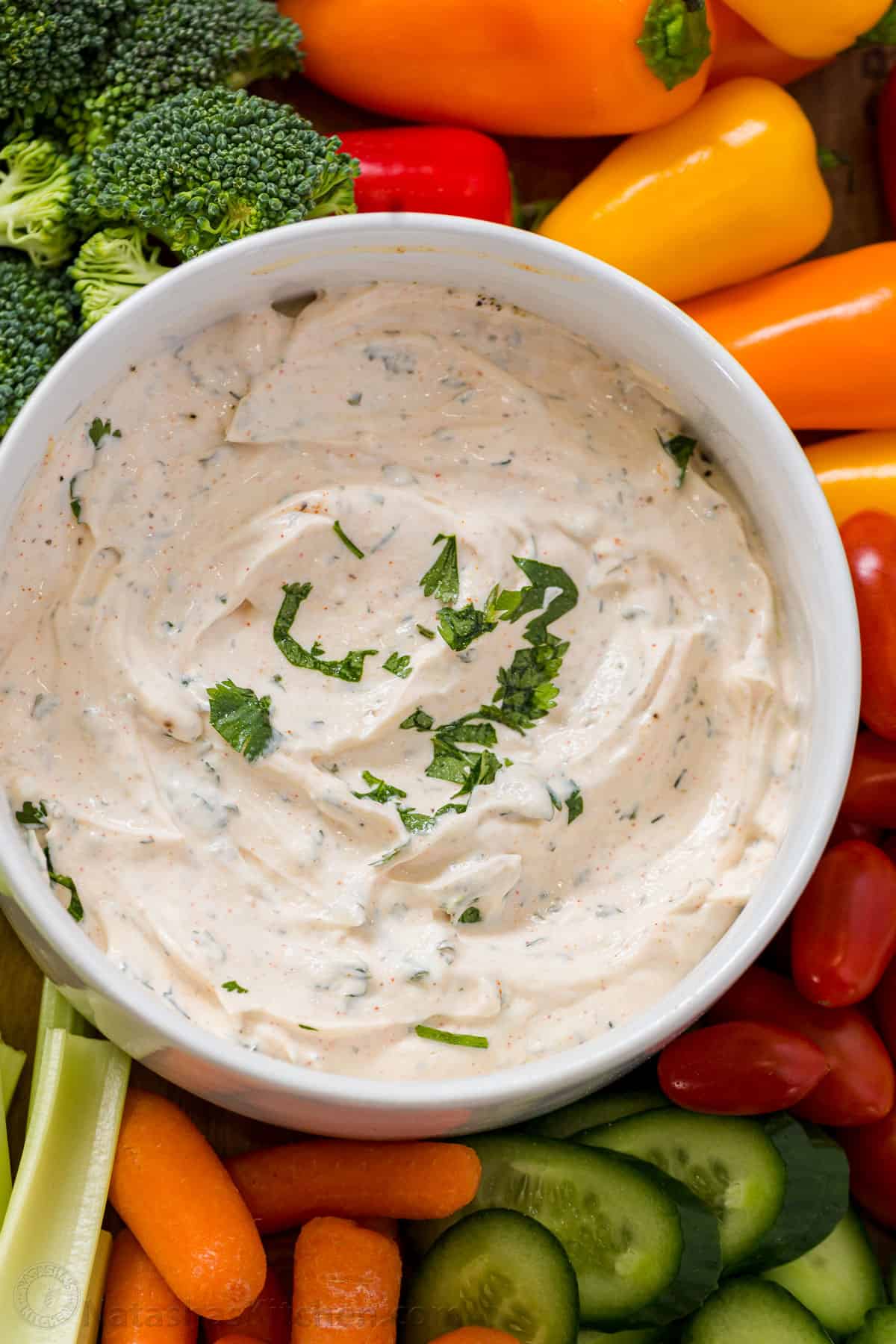 Veggie dip on a platter garnished with cilantro with fresh vegetables arranged.