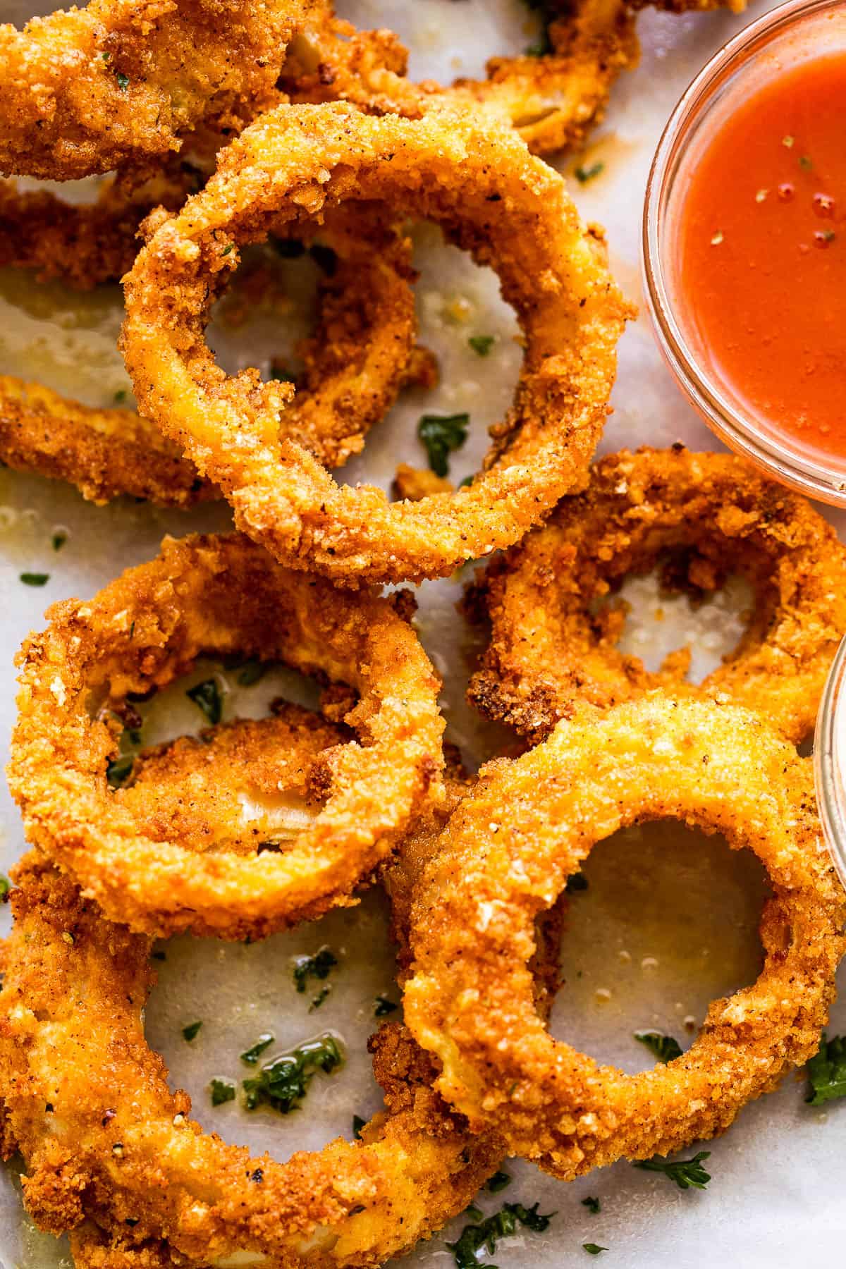 close up overhead shot of air fried onion rings