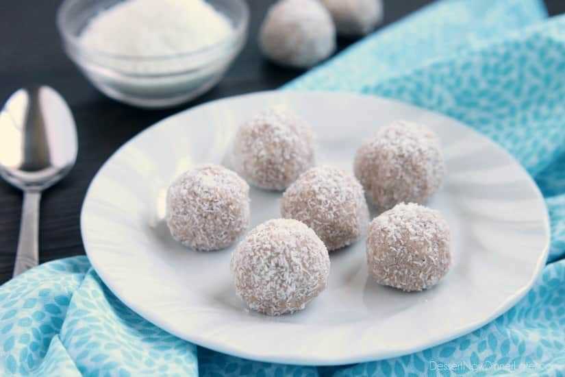No-bake Coconut Snowballs are simple and delicious! The perfect healthy dessert to curb that sweet-tooth craving! Bonus: They
