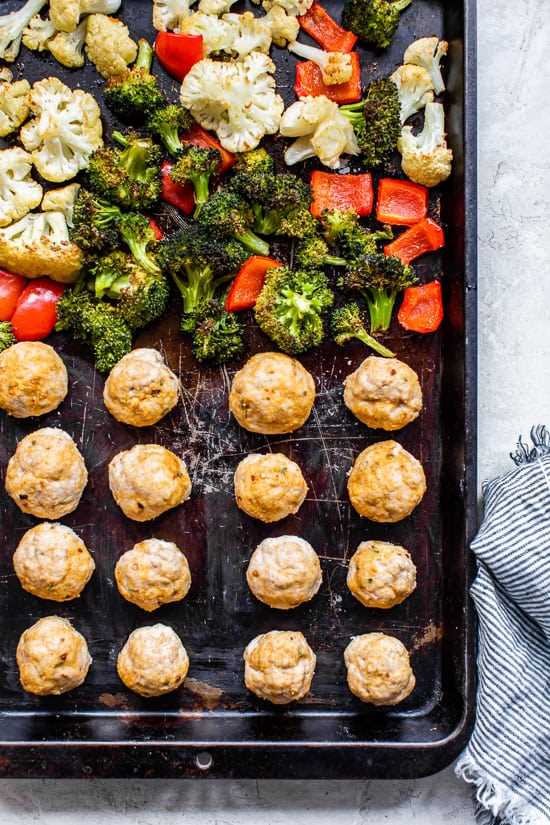 Enjoy this Italian Turkey Meatball Sheet Pan Dinner with the most tender turkey meatballs made from scratch and seasoned vegetables for an easy meal.