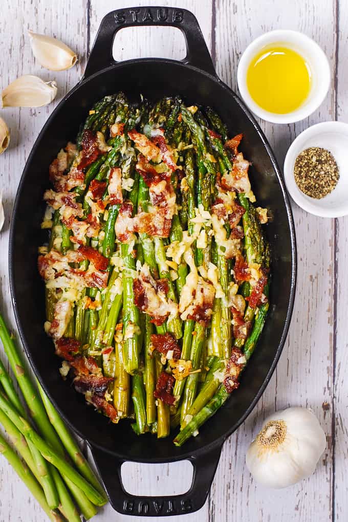 Cheesy Baked Asparagus with Garlic, Bacon, Olive Oil