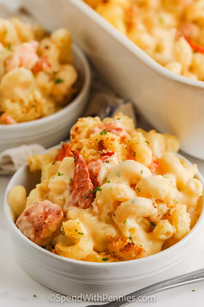 close up of Lobster Mac and Cheese in bowls