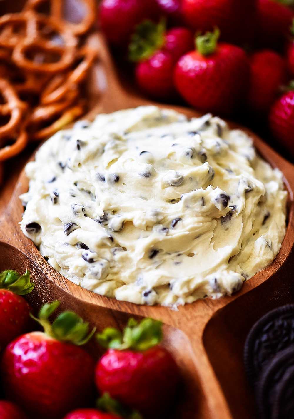 Cookie dough dip is an eggless dough filled with butter, cream cheese, sugar and chocolate chips. Life-in-the-Lofthouse.com
