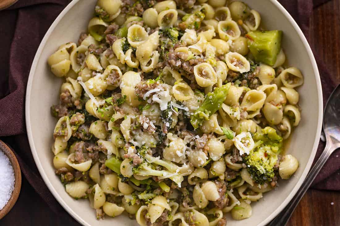 Broccoli and Sausage Pasta in a Bowl from Overhead