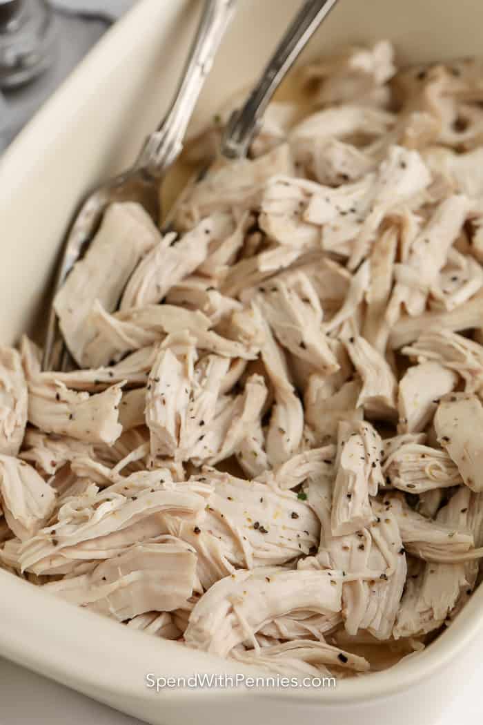close up of oven shredded chicken breasts