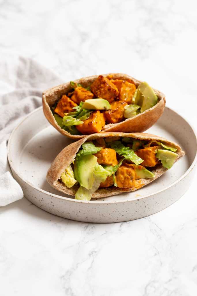 Buffal Tempeh Pita Sandwiches with Ranch and Avocado