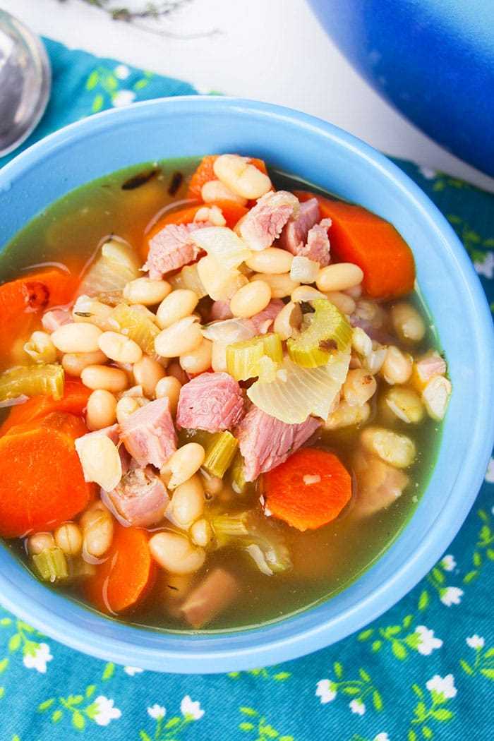 Easy Ham And Bean Soup in Blue Bowl- Overhead Shot