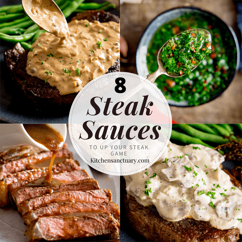 4 image collage of sauces fro steak - showing peppercorn and mushrooms sauce on a steak, red wine jus being drizzled on a sliced steak and a spoon being lifted from a bowl of chimichurri sauce.
