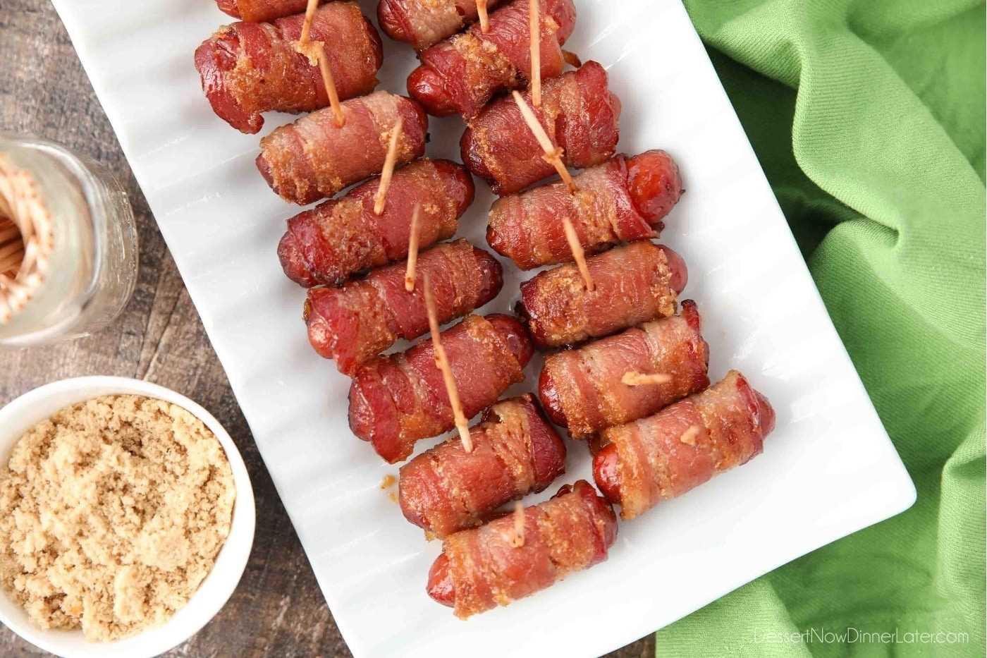 Cocktail wieners with bacon and brown sugar.