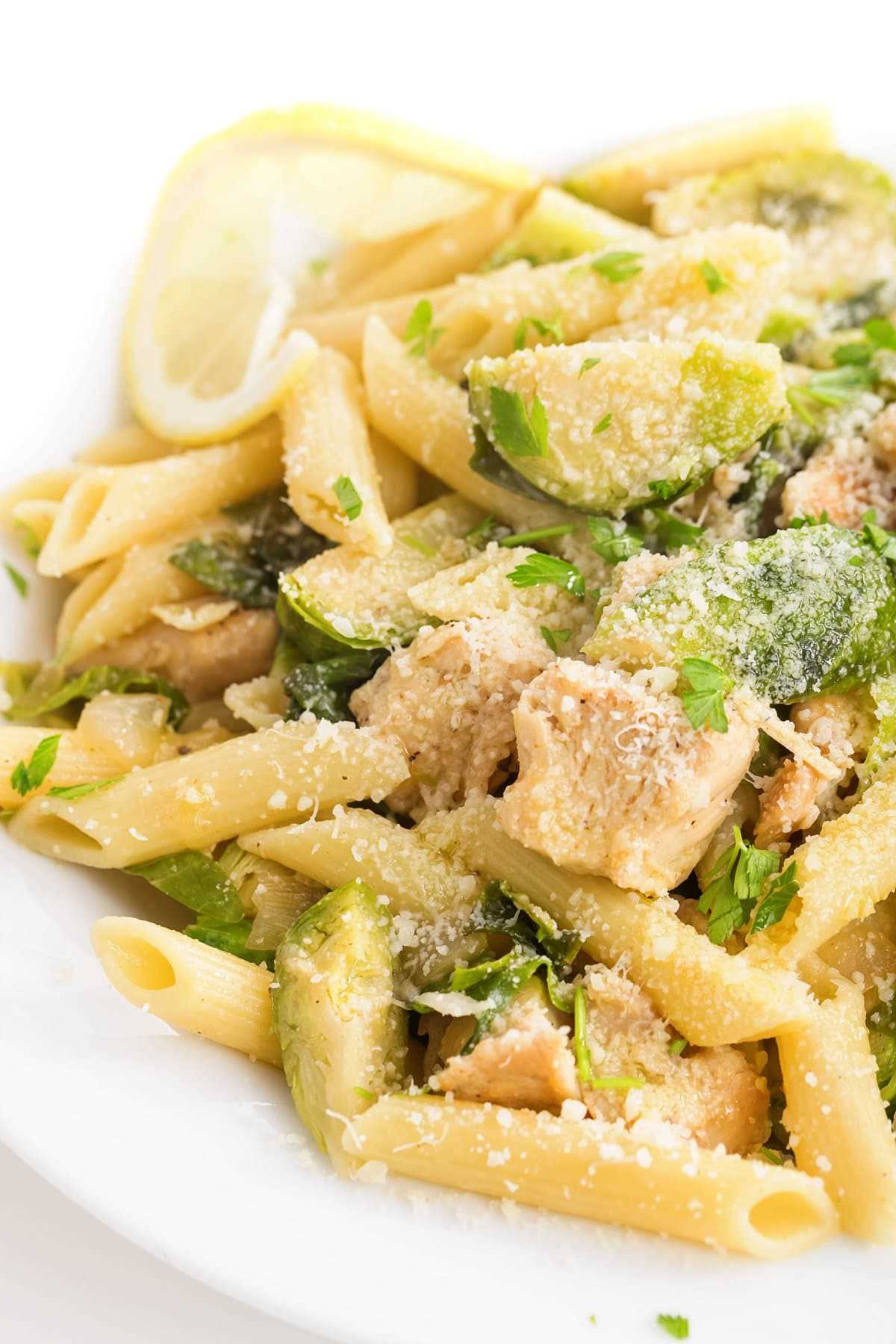 Chicken and Brussels sprouts with penne.