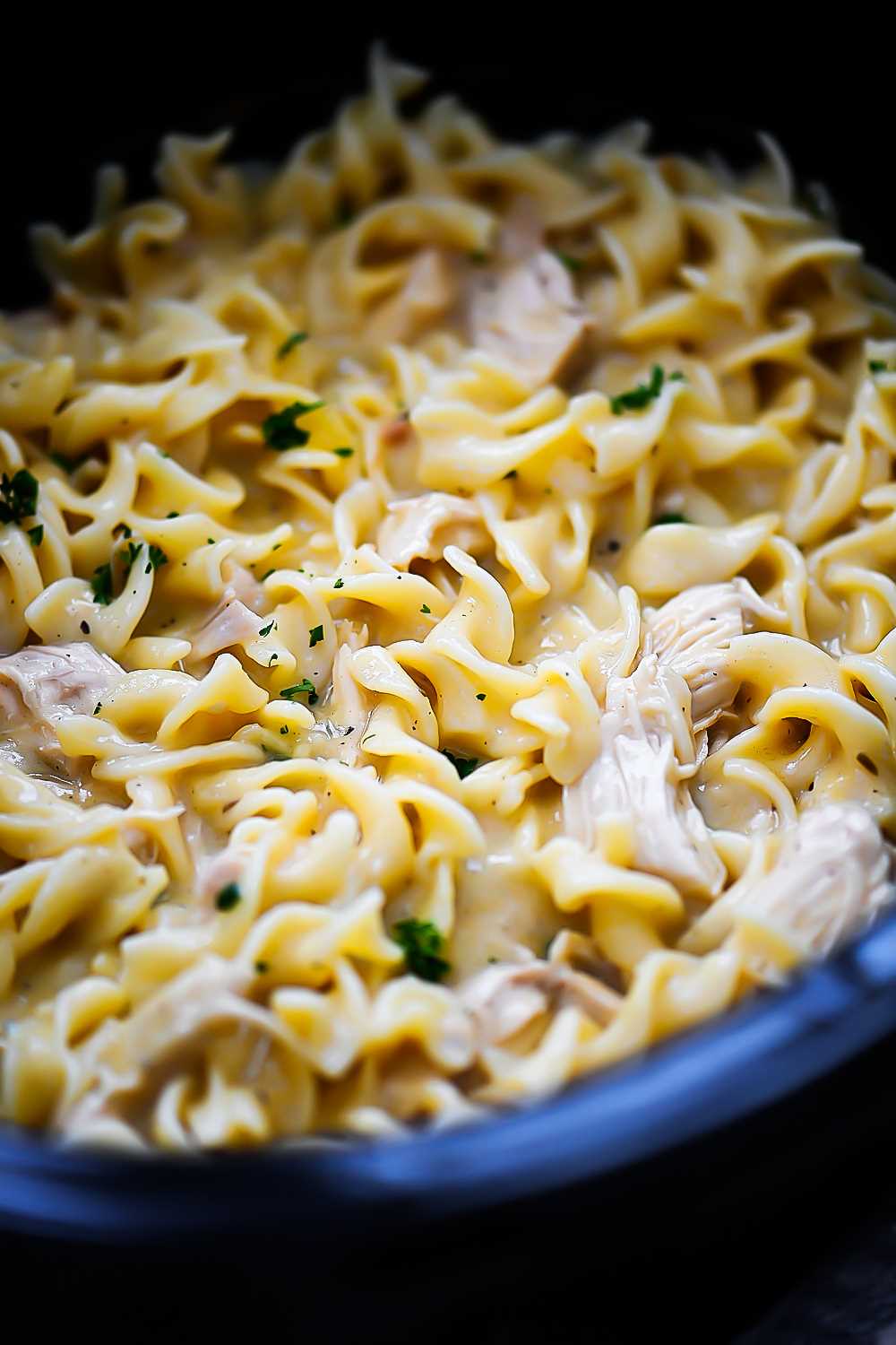 Chicken and egg noodles slow cook in the crock pot with seasonings and broth. Life-in-the-Lofthouse.com