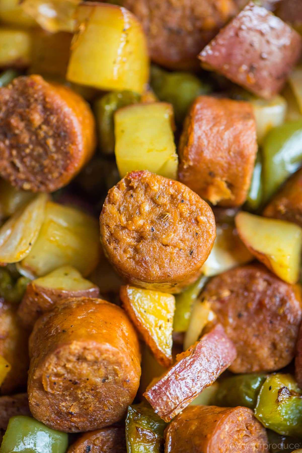 close up of Baked Sausage Peppers Onions and Potatoes
